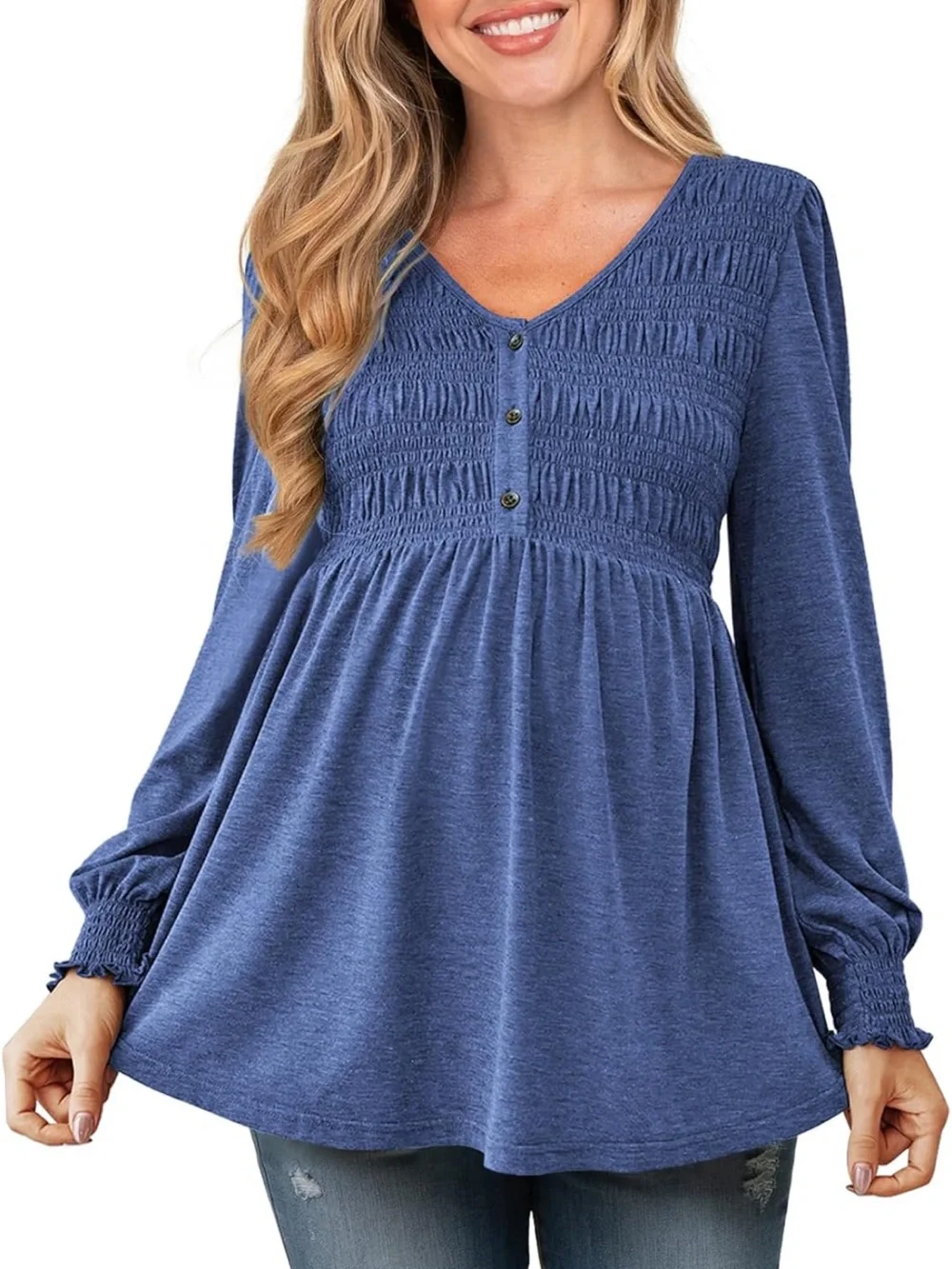 Blue Smocked Maternity Nursing Top Long Sleeve Babydoll Blouse Pregnancy -Medium - Picture 1 of 6